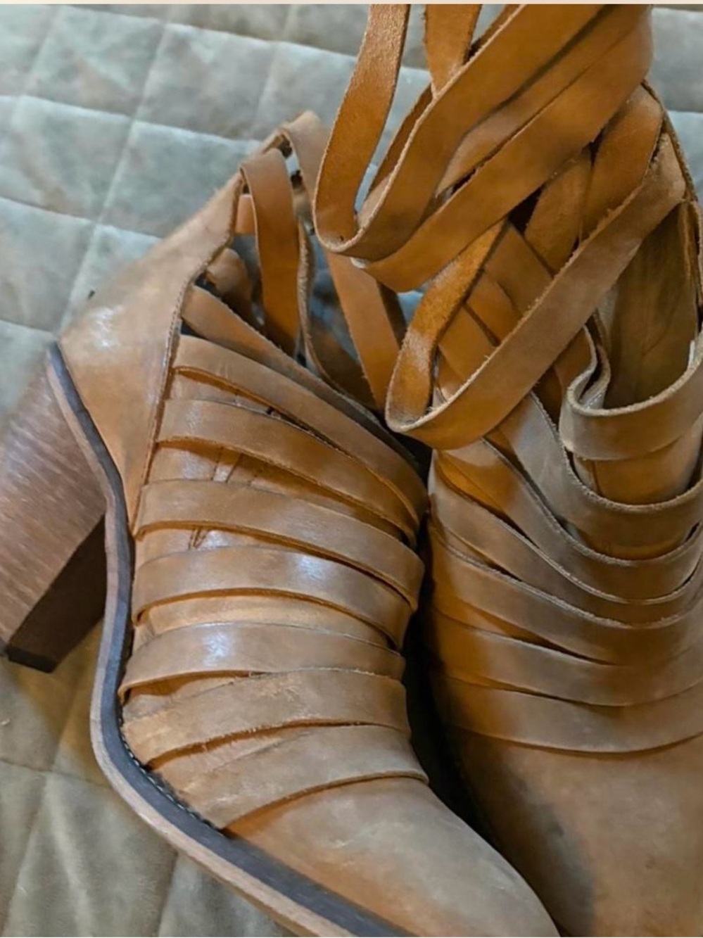 Free People Cognac Strappy Wrap Heel Boots